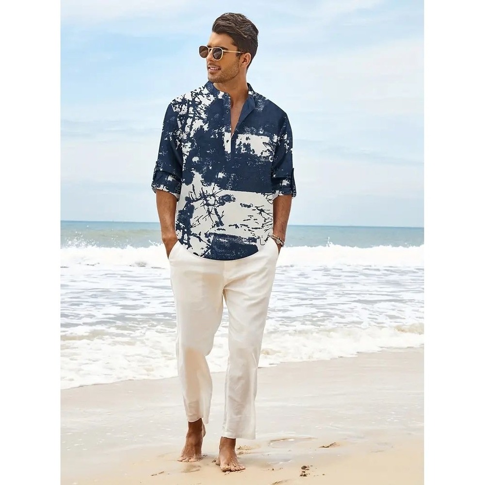 Coofandy Mens Linen Henley Shirt Blue White Abstract Nature Print XL Long Sleeve